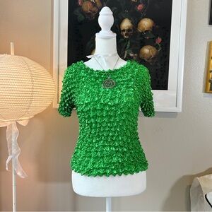 Green Y2K popcorn crinkle stretchy short sleeve top